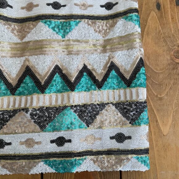 Myan Sequin Dress Southwestern White Gold Green Black M - Picture 5 of 9